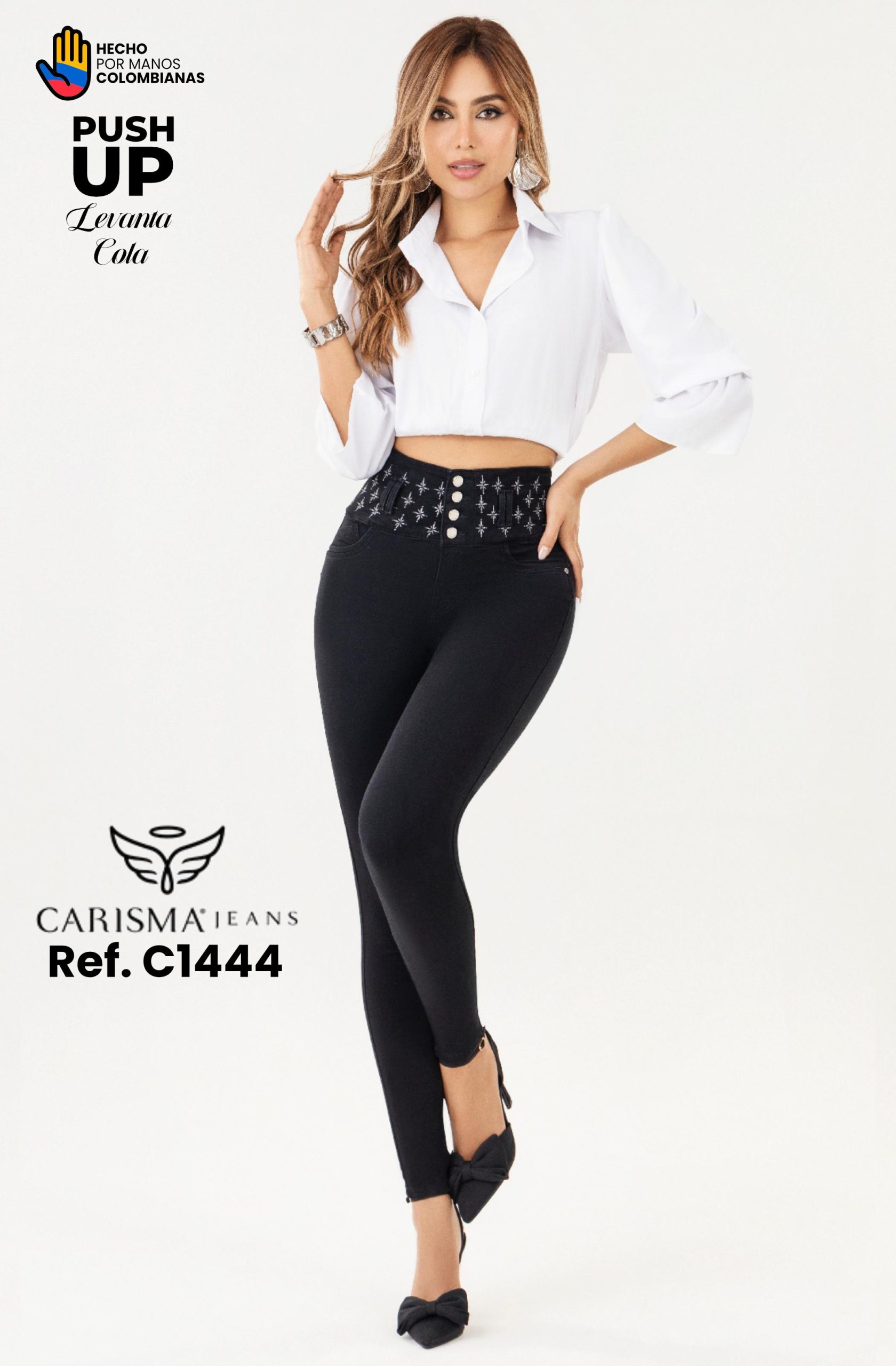 Pantalón Colombiano con Pretina de Estrellas y Realce Total Ref. C1444