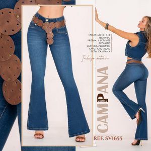 Jean Colombiano Ref. SV1655 Bota Campana Azul Medio con Cinturón Artesanal